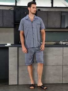 Men Plaid Print Shirt & Shorts PJ Set - Grey - View 1