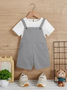 SHEIN Baby Boy Solid Pinafore Romper Without Tee - Grey - View 3