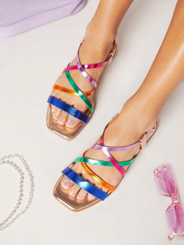 Vegan Leather MultiColor Flat Sandals SHEIN USA