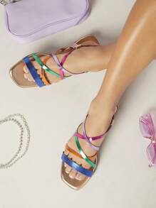 純素皮革多色平底涼鞋 - 彩色 - 查看 4