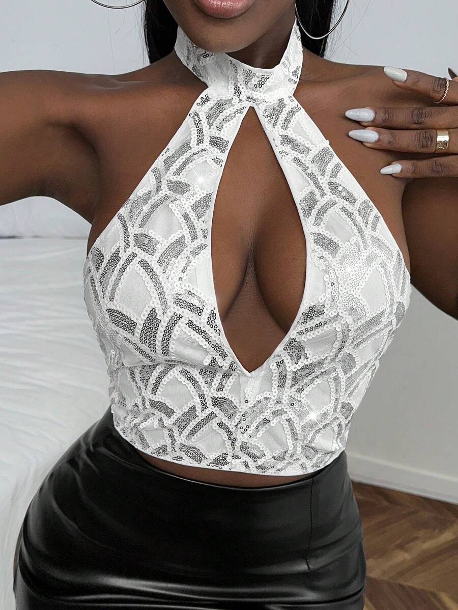 Slaydiva Cut Out Front Backless Sequin Halter Top - Silver - View 1