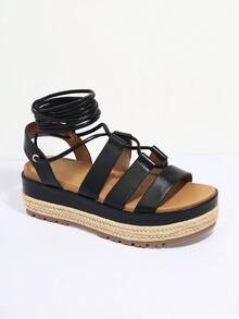 純素皮革繫帶厚底涼鞋 - 黑色 - 查看 2