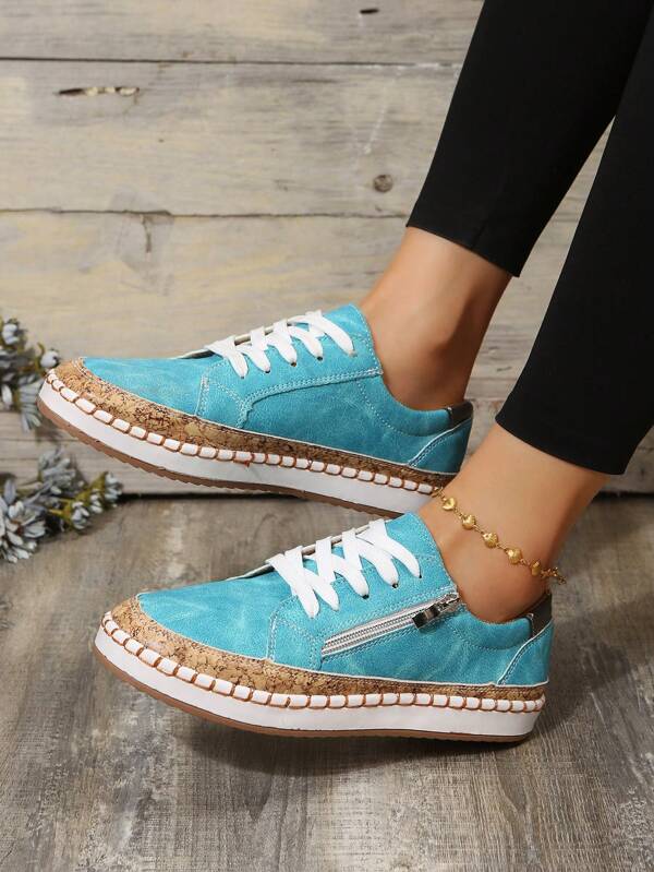 Women's Fashionable Floral Print Canvas Shoes, Comfortable Blue Flat