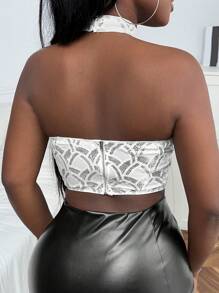Slaydiva Cut Out Front Backless Sequin Halter Top - Silver - View 2