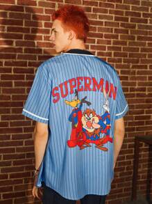 ROMWE MEN WB 100th | ROMWE 男士卡通和字母圖案條紋圖案襯衫 - 藍色 - 查看 1