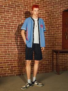 ROMWE MEN WB 100th | ROMWE 男士卡通和字母圖案條紋圖案襯衫 - 藍色 - 查看 4