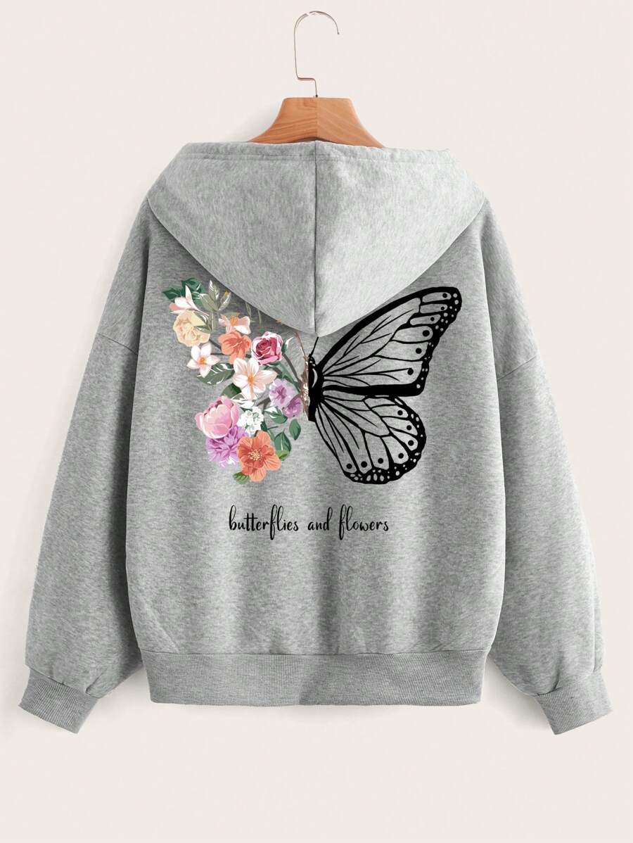 SHEIN EZwear 字母與蝴蝶印花落肩袖抽繩拉鍊加絨內裏連帽衫 - 淺灰色 - 查看 1