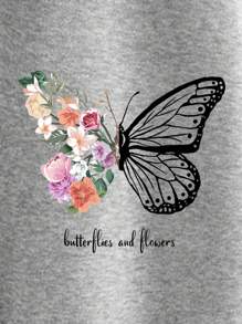 SHEIN EZwear 字母與蝴蝶印花落肩袖抽繩拉鍊加絨內裏連帽衫 - 淺灰色 - 查看 5