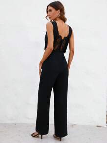 SHEIN Privé 蕾絲拼接露背闊腿連體褲 - 黑色 - 查看 4