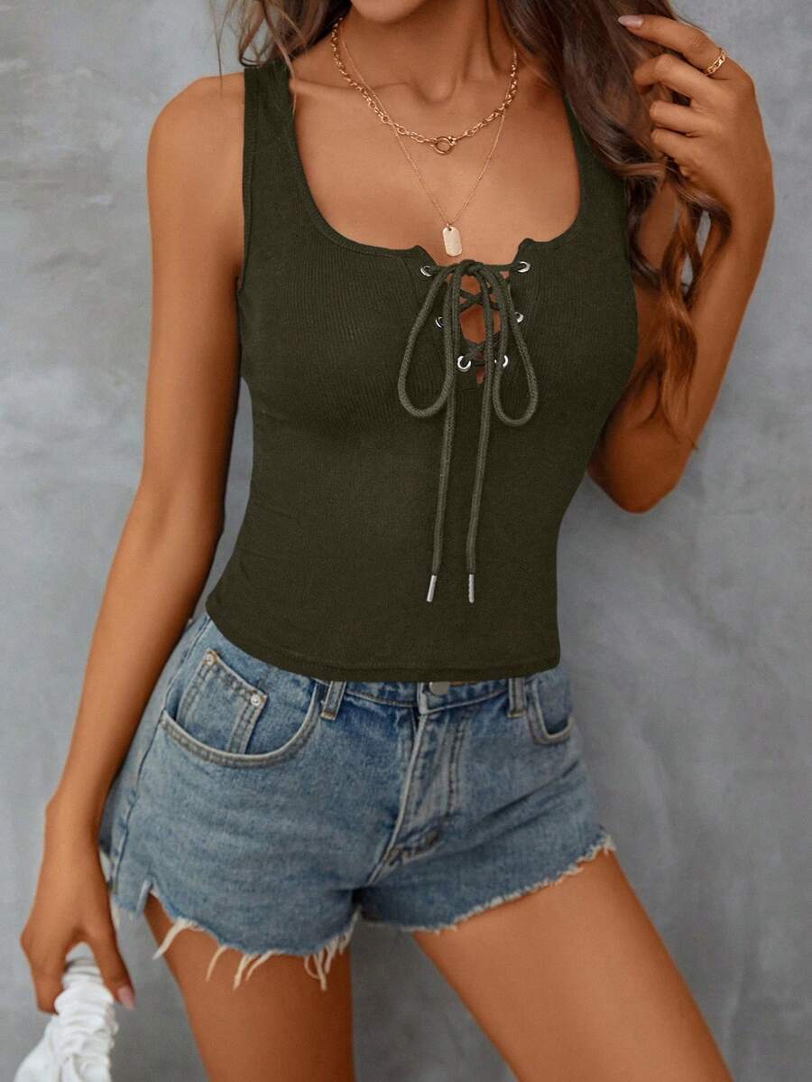 SHEIN Privé 前繫帶背心上衣 - 軍綠色 - 查看 1