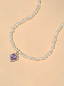 1入組珍珠寵物配件項鍊適用於小和中等寵物,可調節心形PU皮革翻領 - 紫色 - 查看 5