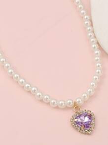 1入組珍珠寵物配件項鍊適用於小和中等寵物,可調節心形PU皮革翻領 - 紫色 - 查看 6