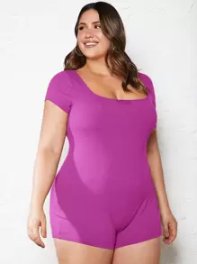SHEIN BASICS Plus Size Solid Scoop Neck Unitard Jumpsuit - Purple - View 1