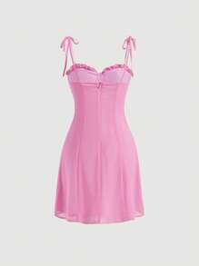 SHEIN MOD 肩上打結胸部褶皺褶邊吊帶洋裝 - 粉色 - 查看 2