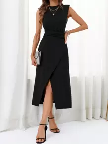 SHEIN Privé Solid Split Thigh Sleeveless Shoulder Pad A-line Dress - Black - View 5