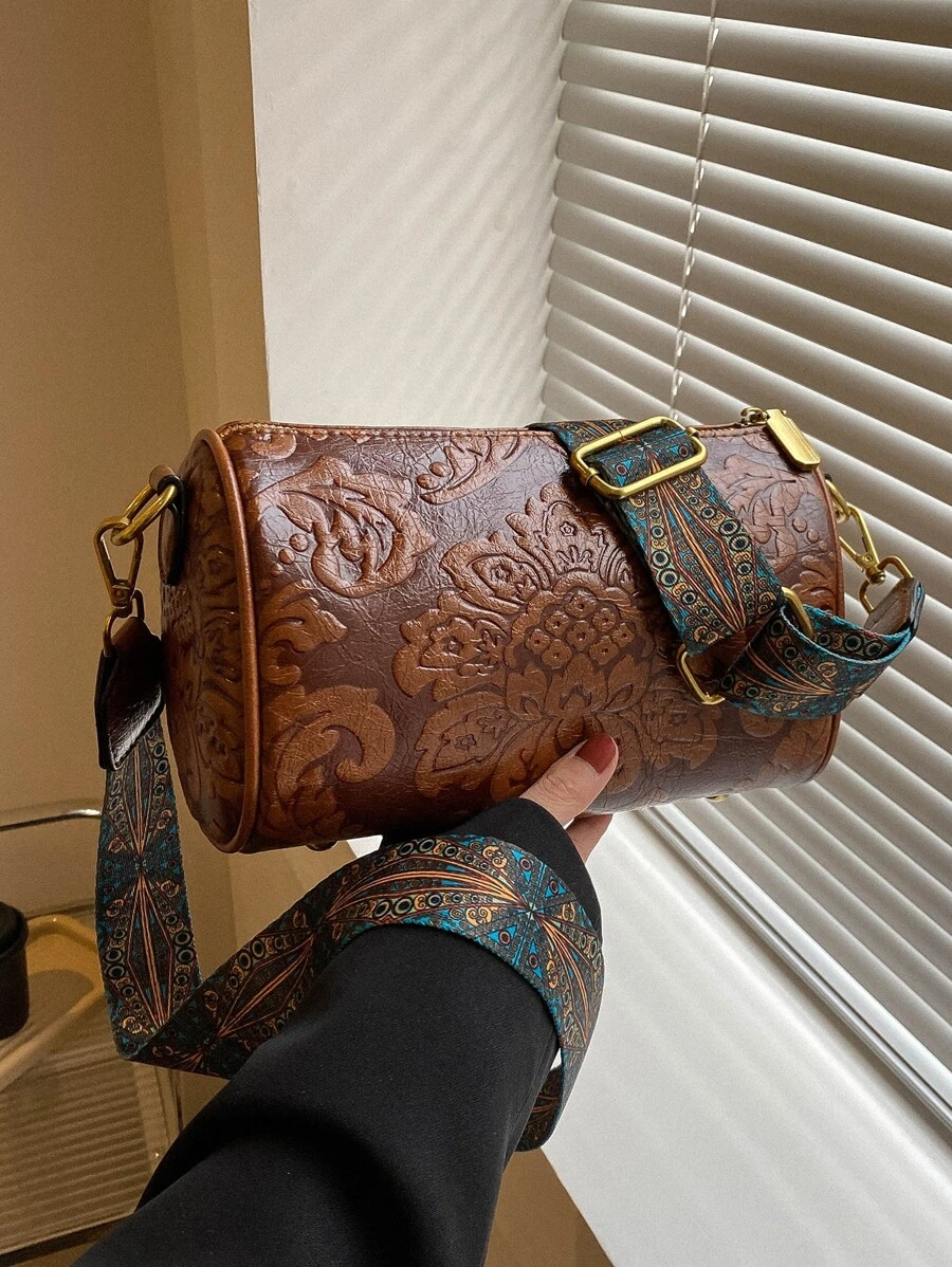 Túi Xô dập hoa có dây kéo PU Vintage - màu nâu - Xem 1