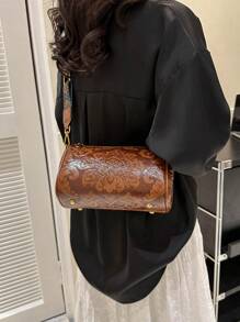 Túi Xô dập hoa có dây kéo PU Vintage - màu nâu - Xem 2