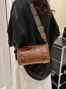 Túi Xô dập hoa có dây kéo PU Vintage - màu nâu - Xem 4