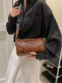 Túi Xô dập hoa có dây kéo PU Vintage - màu nâu - Xem 5