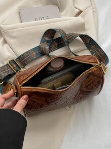 Túi Xô dập hoa có dây kéo PU Vintage - màu nâu - Xem 6