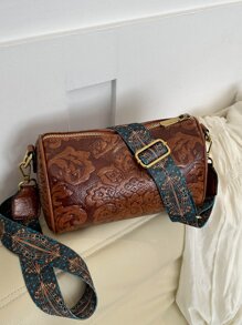 Túi Xô dập hoa có dây kéo PU Vintage - màu nâu - Xem 7