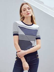 MOTF PREMIUM STRIPED VISCOSE-BLEND KNIT TOP - Blue and White - View 6