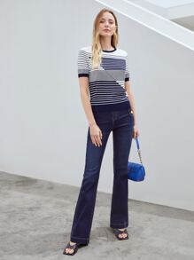 MOTF PREMIUM STRIPED VISCOSE-BLEND KNIT TOP - Blue and White - View 3