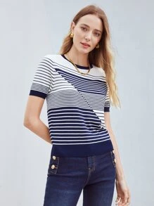 MOTF PREMIUM STRIPED VISCOSE-BLEND KNIT TOP - Blue and White - View 4