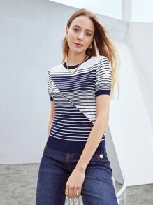 MOTF PREMIUM STRIPED VISCOSE-BLEND KNIT TOP - Blue and White - View 5