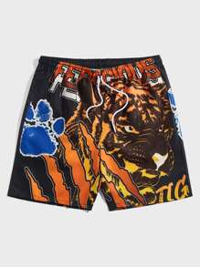 ROMWE MEN Street Life Guys Tiger Print Drawstring Waist Shorts - Multicolor - View 1