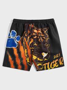 ROMWE MEN Street Life Guys Tiger Print Drawstring Waist Shorts - Multicolor - View 2