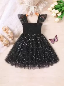 SHEIN Vestido de cami para niña joven con estrella de malla superpuesta y borde con volantes - Negro - Ver 2