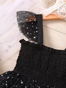SHEIN Vestido de cami para niña joven con estrella de malla superpuesta y borde con volantes - Negro - Ver 4