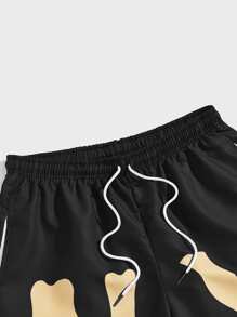 ROMWE MEN Prep 男士字母图案抽绳腰短裤，学校 - 黑色 - 查看 3