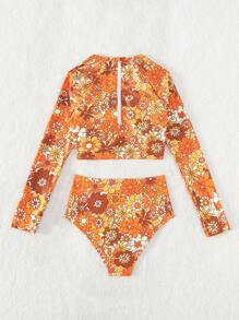 SHEIN Swim Summer Beach Floral Print High Waisted Rashguard - Orange - View 3
