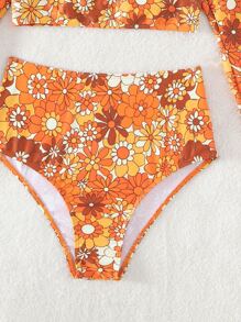 SHEIN Swim Summer Beach Floral Print High Waisted Rashguard - Orange - View 5