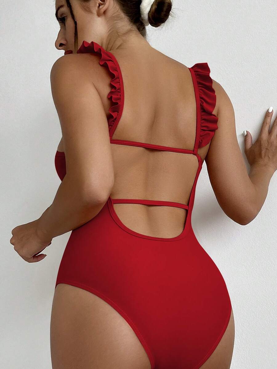 Ruffle Trim One Piece Swimsuit - Red - View 1