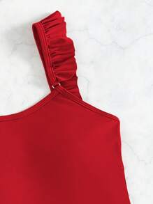 Ruffle Trim One Piece Swimsuit - Red - View 3