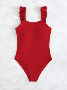 Ruffle Trim One Piece Swimsuit - Red - View 5