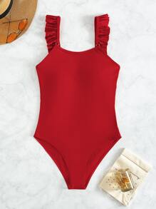 Ruffle Trim One Piece Swimsuit - Red - View 6