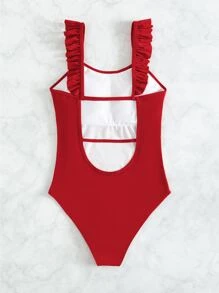 Ruffle Trim One Piece Swimsuit - Red - View 7