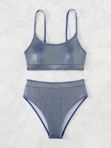 Metallic High Waisted Bikini Set - Purple - View 4