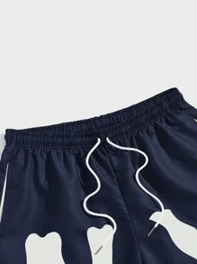 ROMWE MEN Prep Men Letter Graphic Drawstring Waist Shorts - Navy Blue - View 3