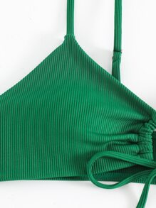 Áo Tops Bikini Nữ Xù Dây kéo Ren lên màu trơn - Màu xanh lá cây đậm - Xem 5