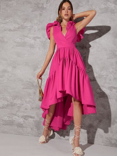 L'Amorae Elegant Ruffle High Low Hem Tie Backless Dress