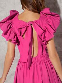 L'Amorae 优雅荷叶边高低下摆系带露背连衣裙