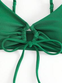 Áo Tops Bikini Nữ Xù Dây kéo Ren lên màu trơn - Màu xanh lá cây đậm - Xem 6