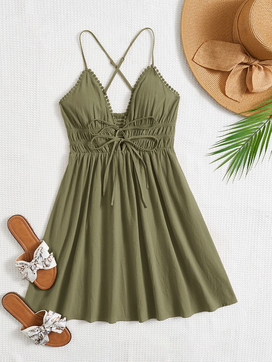 Soleia Đầm Lộ Lưng Hội Chữ thập Dải chun Thắt nơ trước màu trơn Boho - xanh quân đội - Xem 1