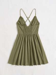 Soleia Đầm Lộ Lưng Hội Chữ thập Dải chun Thắt nơ trước màu trơn Boho - xanh quân đội - Xem 2