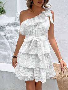 SHEIN WYWH Vestido con cinturón de un hombro ribete con fruncido - Blanco - Ver 4